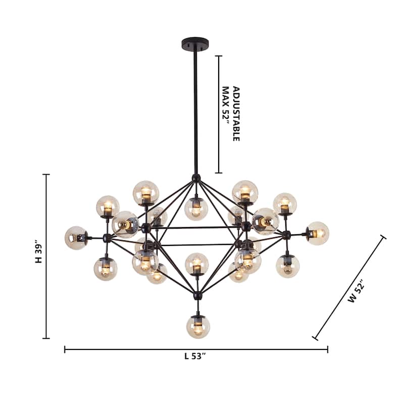 21-Light Black Iron Chandelier With Coffee Color Glass Shades