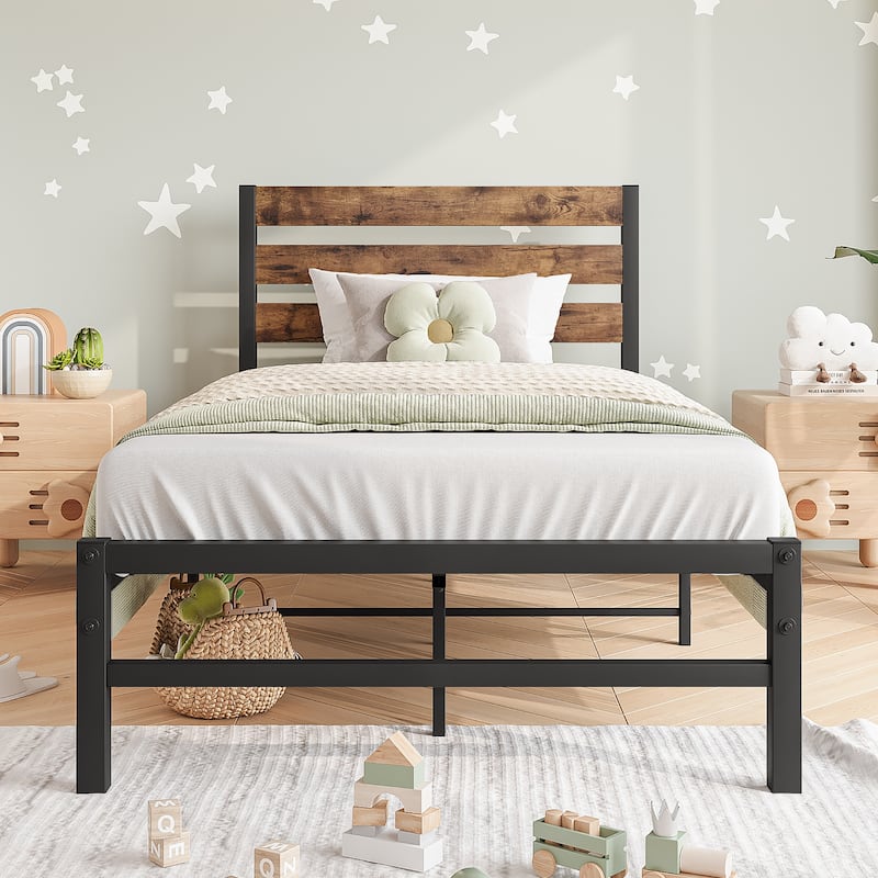 Rustic Brown Wood and Black Metal Twin Size Platform Bed
