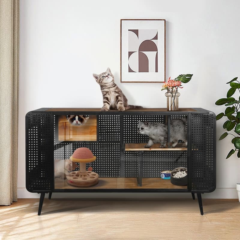 55.12" Spacious Cat House with Tempered Glass for Living Room - Black