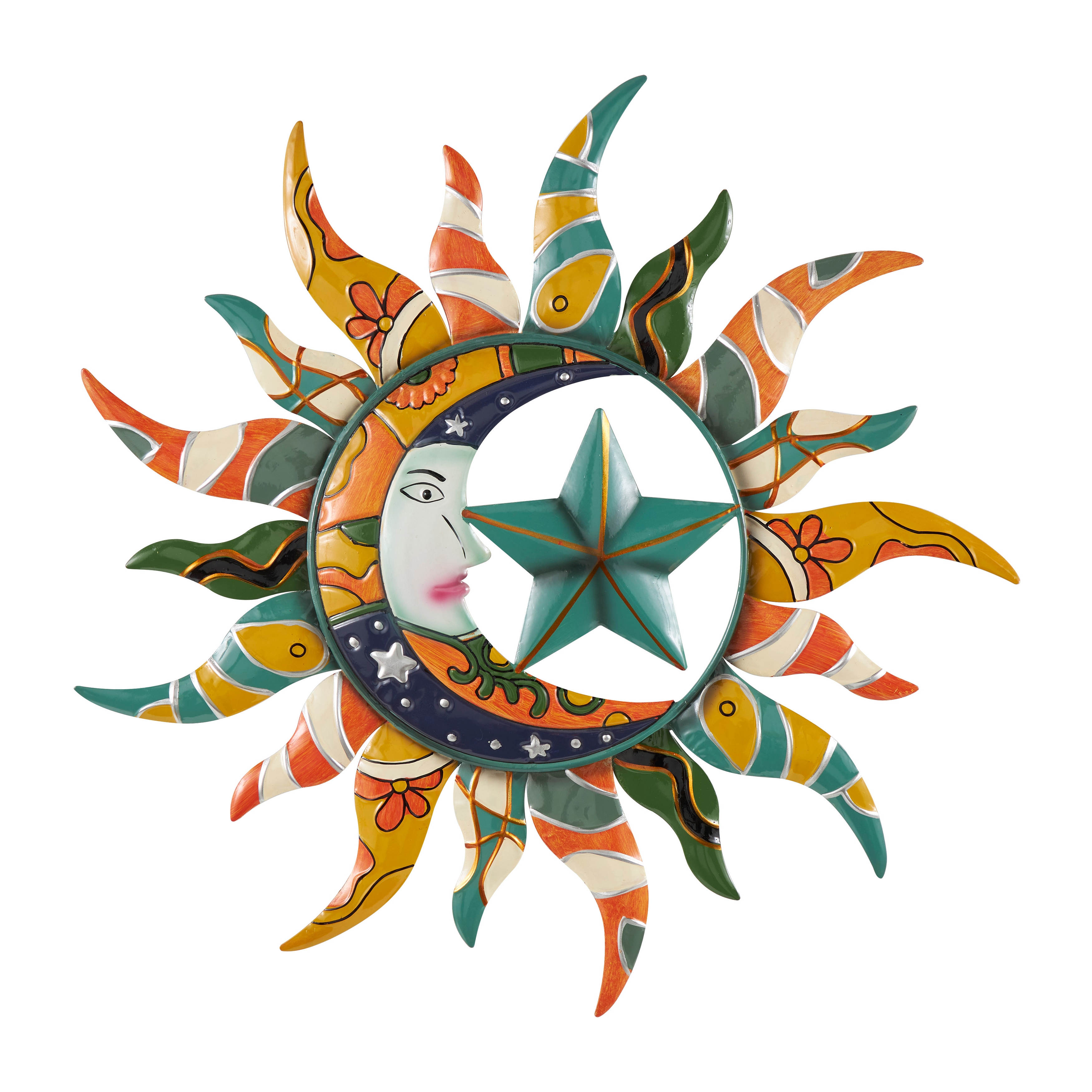 Multi Color Metal Eclectic Whimsical Celestial Sun Art Wall Sculpture