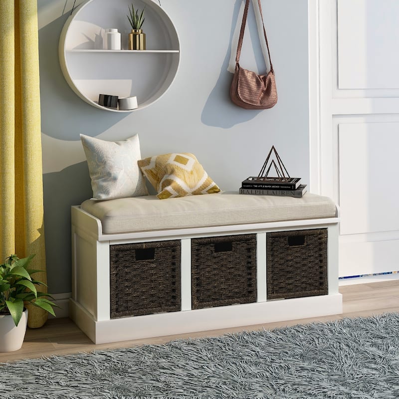 Entryway Bench with 3 Removable Classic Rattan Baskets - 43.7"L x 15.7"W x 17"H