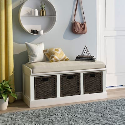 TREXM Rustic Storage Bench with 3 Removable Rattan Basket