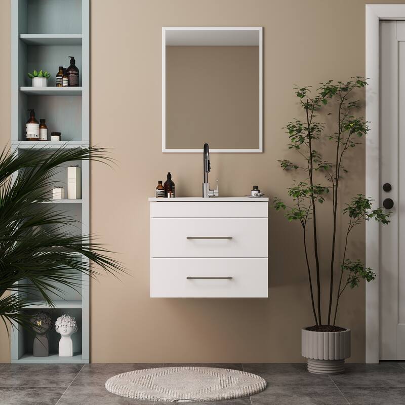 GDFStudio - 24-Inch Gloss Wall-Mounted Bathroom Vanity with Double Drawers Ceramic Sink, and Aluminium Frame - Cabinet+Basin+Mirror - Glossy White