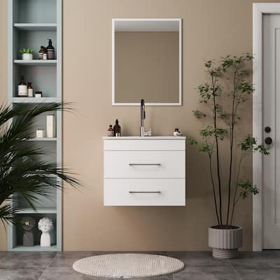 GDFStudio - 24-Inch Gloss Wall-Mounted Bathroom Vanity with Double Drawers Ceramic Sink, and Aluminium Frame