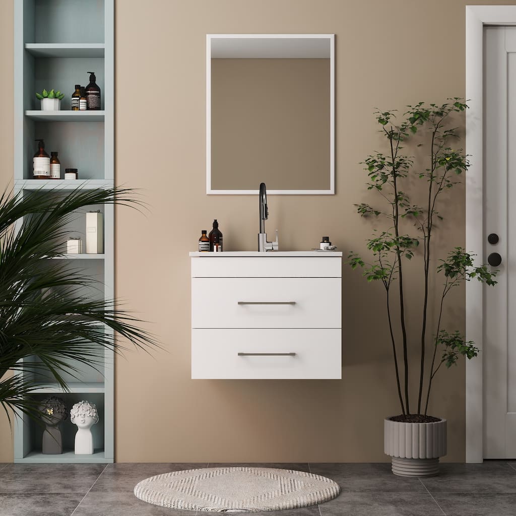 GDFStudio - 24-Inch Gloss Wall-Mounted Bathroom Vanity with Double Drawers Ceramic Sink, and Aluminium Frame