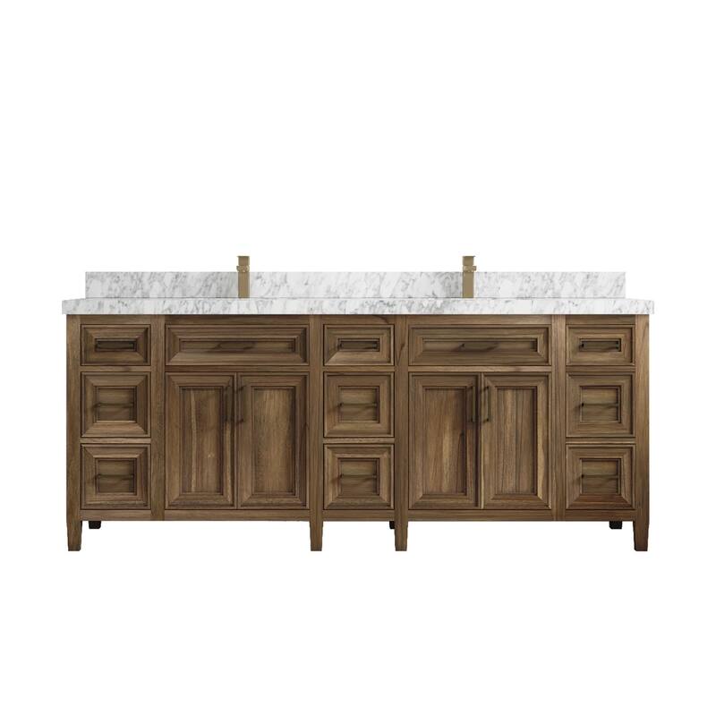 Willow Collections 84 in. W x 22 in. D Santa Monica Teak Double Sink Bathroom Vanity with Countertop - 2" Carrara Marble - Gray Washed Teak