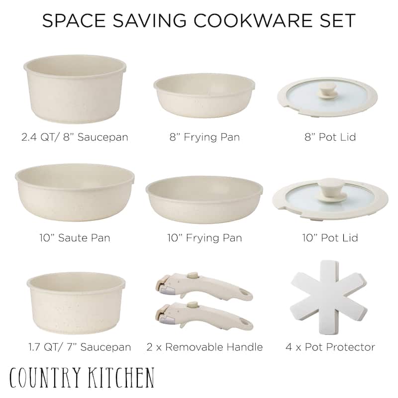 Country Kitchen RV Cookware- 13 Piece Aluminum Pots and Pans with Removable Handle Oven Safe