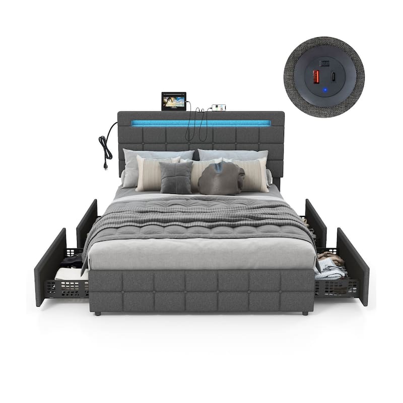 Upholstered Queen LED Bed Frame with Headboard and 4 Drawers-Queen Size