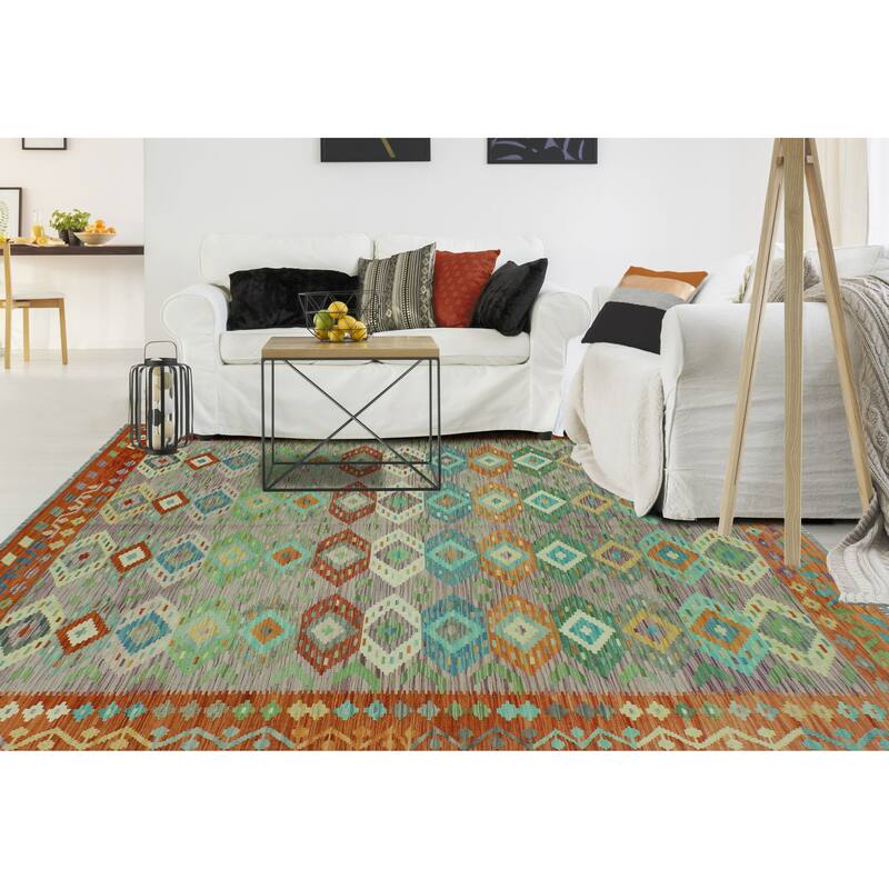 Hand-Woven Sun Faded Kilim Cemile Rust/Purple Rug - 6'8" x 10'0"