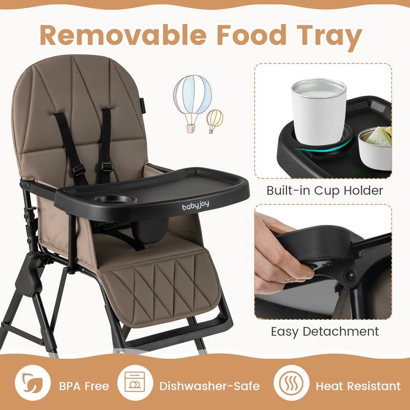 3-in-1 Foldable Baby High Chair with Tray and Footrest Adjustable Footrest Lightweight Waterproof PU Cushion