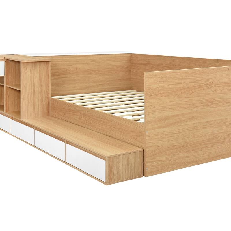 Wooden Full size Platform Bed with 6 Drawers, Shelves and Dressing Table