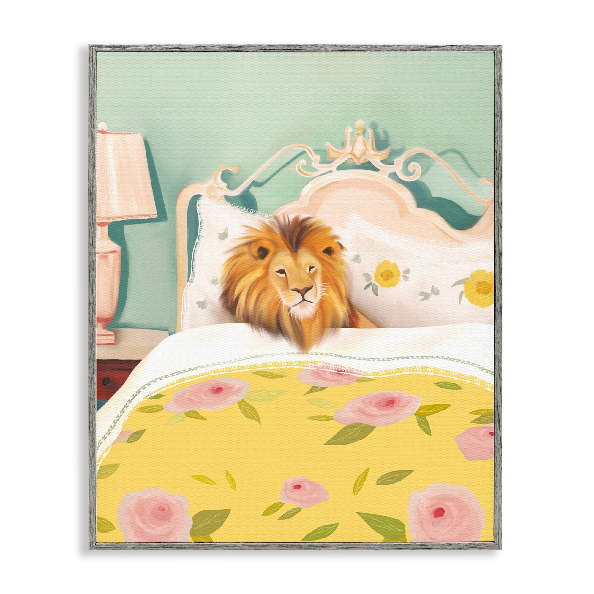 Stupell Good Morning Lion in Bed Framed Giclee Art Design By Leah Straatsma