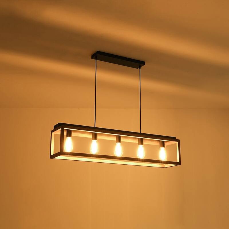 Rustic Oak Wooden Rectangular Cage Island Chandelier Ceiling Light - 39.4 Inches