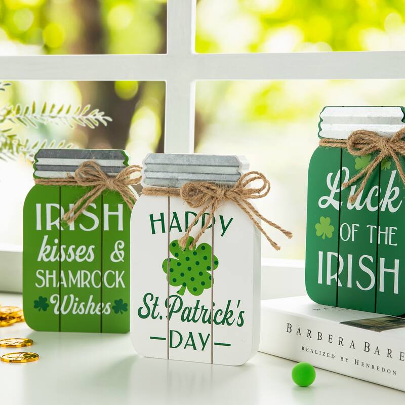 Glitzhome 7"H Set of 3 St. Patrick's Wooden Mason Jar Table decor