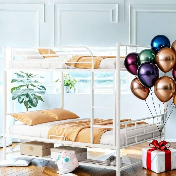 slide 2 of 24, Metal Loft Bed with Storage Space and Ladder, Full Over Full White