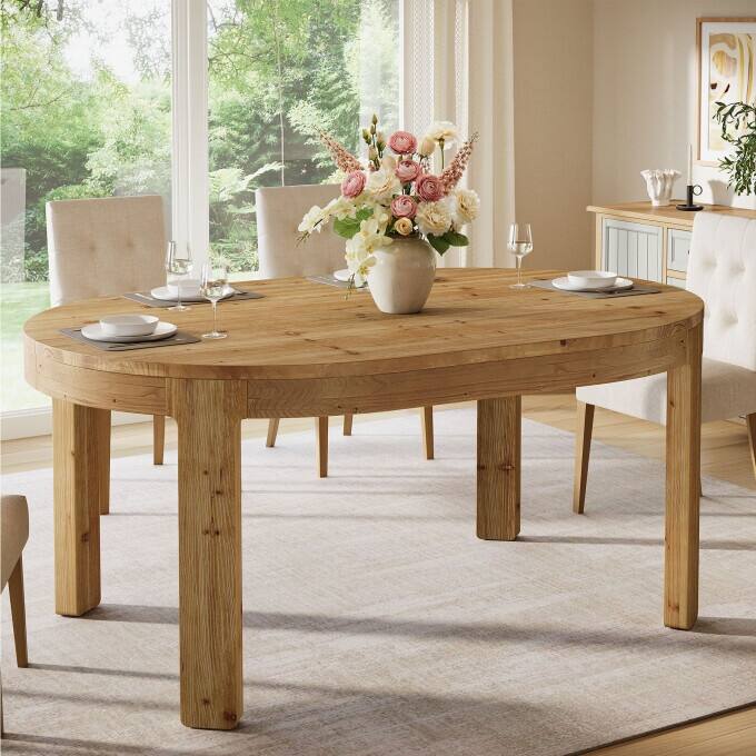 55.11" Solid Wood Oval Dining Table, Rustic Kitchen Table for 4-6 ...