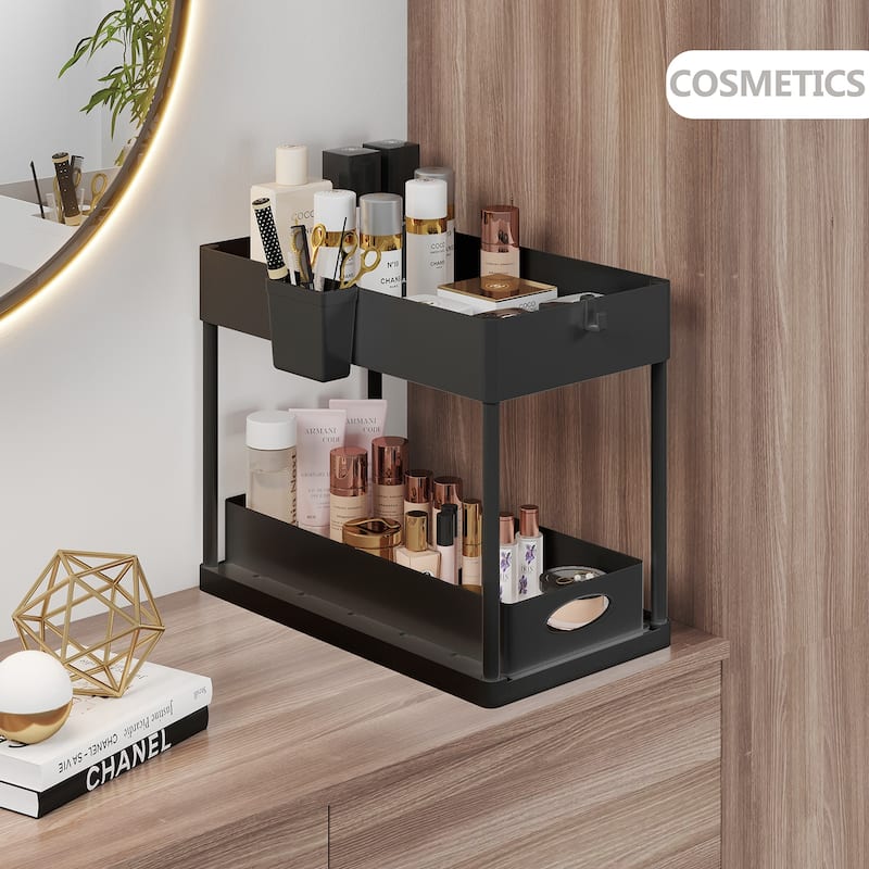 Empyrean 2 Tier Under Kitchen Sink Organizer with Sliding Drawer-Bathroom Cabinet Organizer with Utility Hooks and Side Caddy