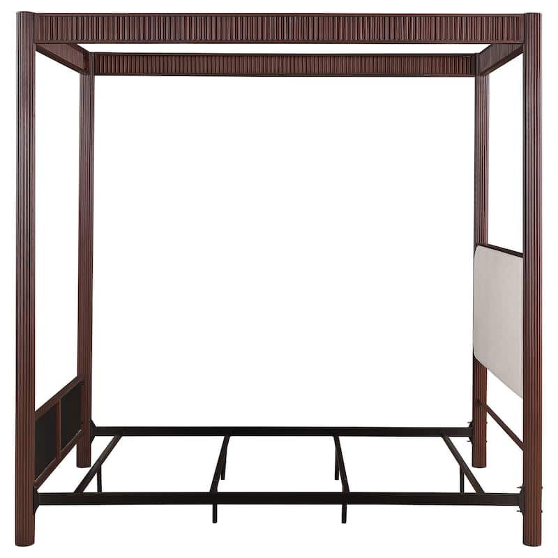 89-Inch Metal Queen Canopy Bed, Rust Brown Finish, Upholstered Panels, Modern Industrial and Elegant Design