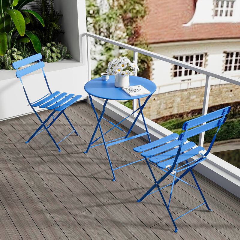 3 Pieces Patio Bistro Balcony Metail Chair Table - Chair:16.5"L * 18.1"W * 32.6"H - Blue