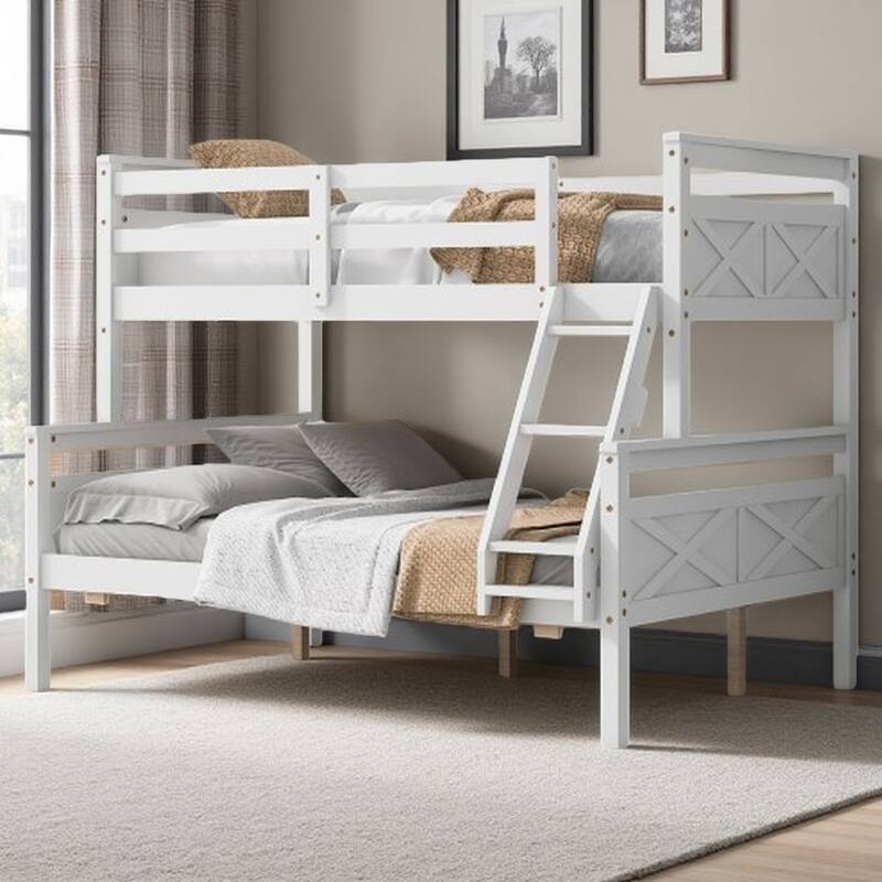 Twin-Over-Full Bunk Bed with Sturdy Ladder, Safety Guardrails, and Separate Beds Option, Solid Pine Wood - White