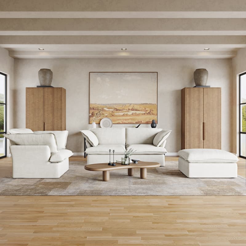 Minimalism Living Room Furniture Set Down Filled Comfort Overstuffed Modern Linen Sofa Loveseat, Chair and Ottoman