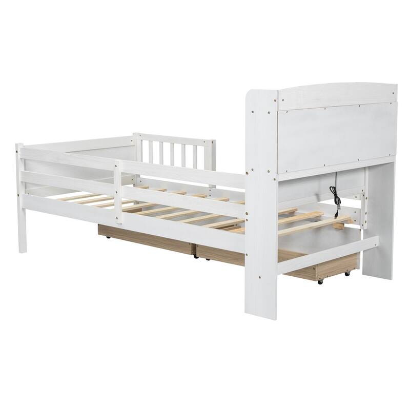 Wood Twin Size Platform Bed w/Built-in LED Light,Guardrail & 2 Drawers