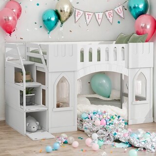 Twin Size Castles Shaped Loft Bed with Storage Staircase, Wooden Kids Bed Frame with Play Space and Window for Bedroom, White