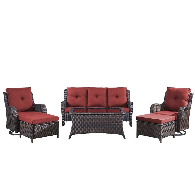 Pocassy Outdoor 6 Pieces 3-Seat Sofa Swivel Chairs Table Ottoman