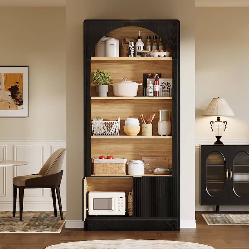 71" Tall 5-Tier Modern Arched Black Bookcase with Cabinet and Fluted Doors - 31.5" W x 11.81" D x 70.87" H