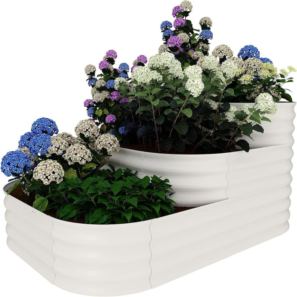 3-Tier Modular Raised Garden Bed Kit 3-in-1 Galvanized Steel Planter Box Off-White