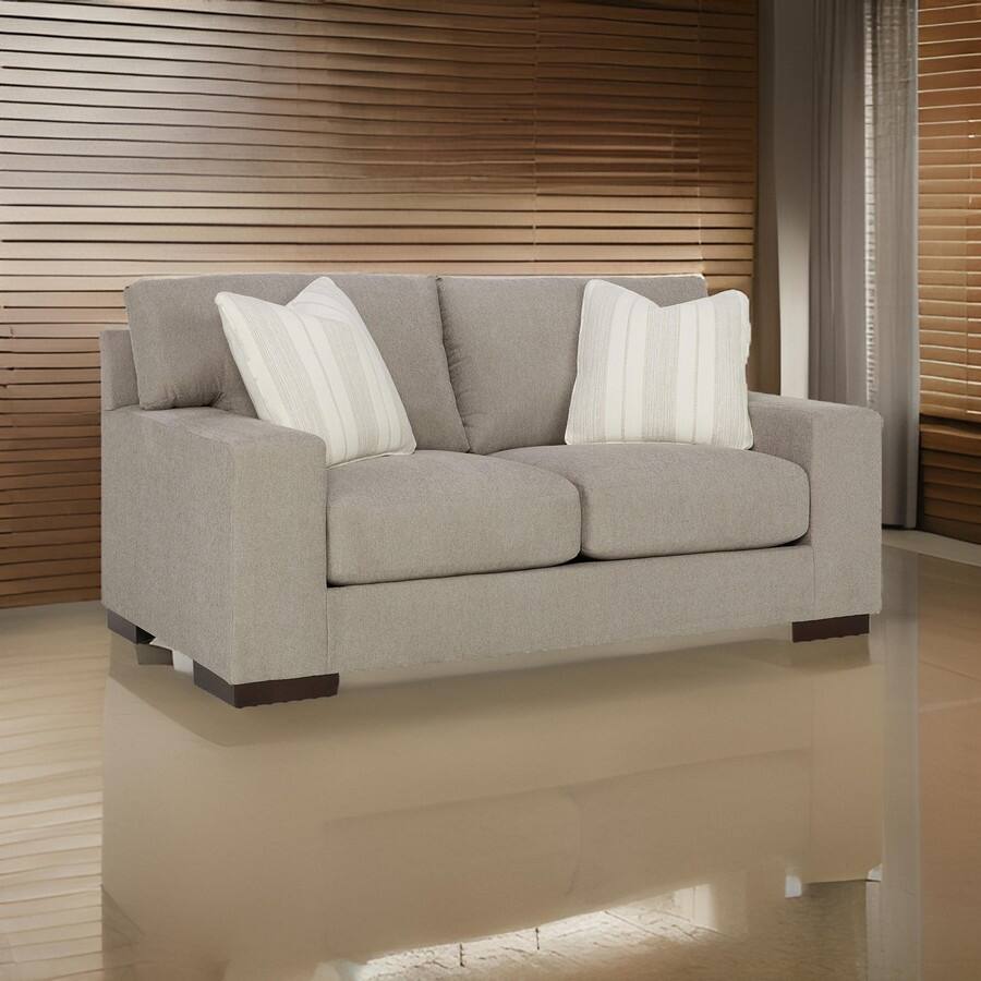 Magg 70 Inch Loveseat, 2 Ivory Throw Pillows, Soft Flax Beige Polyester