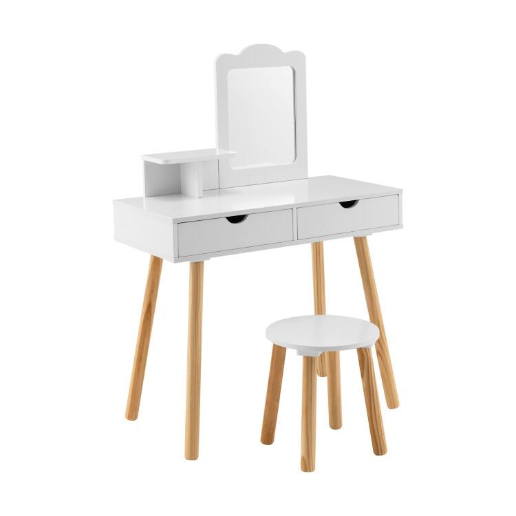Children's Vanity Table and Chair Set with Mirror and 2 Spacious Storage Drawers - N/A