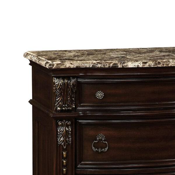 Traditional Brown Cherry Nightstand with Genuine Marble Top and 3 Drawers