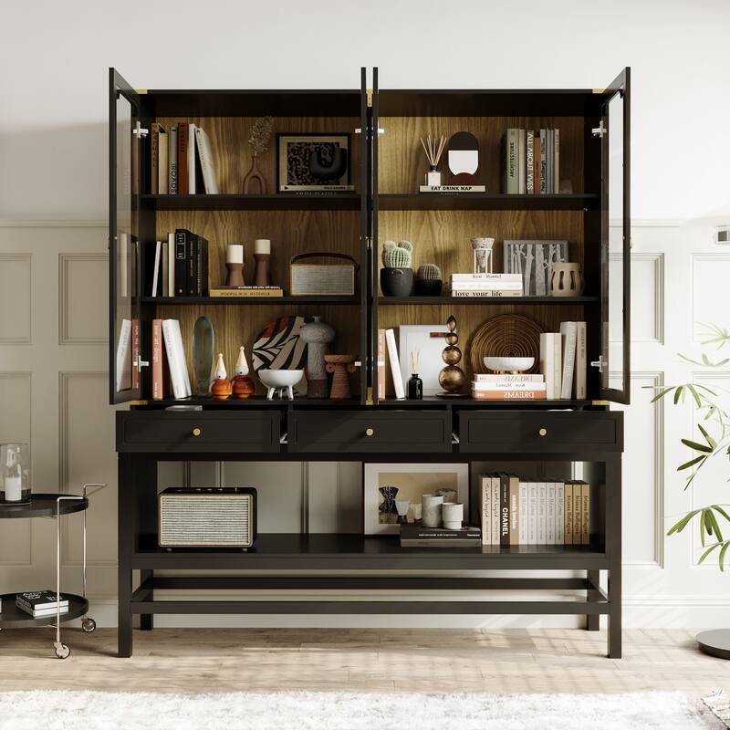 Bookshelves Black Display Cabinet with Glass Doors, Wood Grain Back, Metal Corner Accents - 66.1"x74.8"