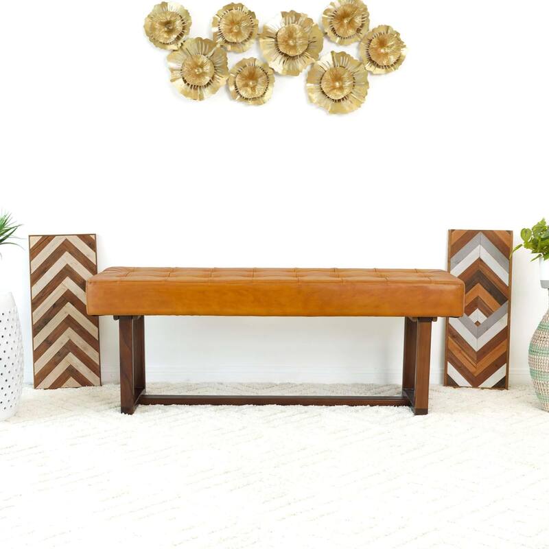 GDFStudio - Cameron Modern Mid-Century 51" Genuine Leather Bench with Solid Wood Frame for Living Room, Bedroom & Entryway