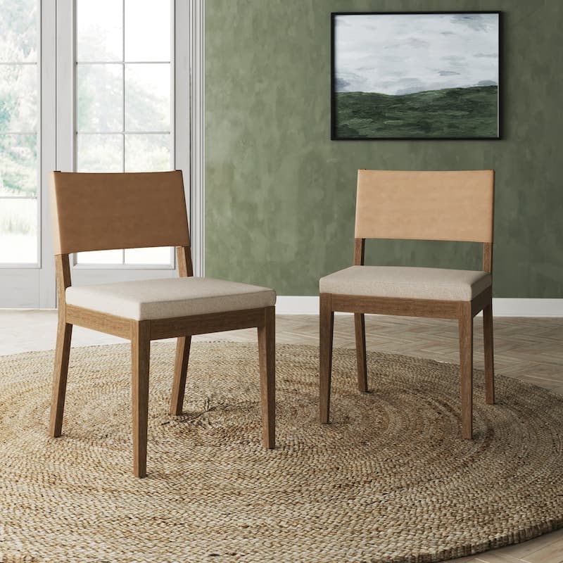Linus Modern Upholstered Dining Chair, Solid Rubberwood Legs - Set of 2 - Flax/Light Brown