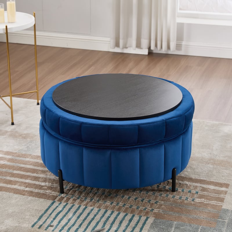 31.5"W Upholstered Round Ottoman With Reversible Lid, Velvet Storage Stool, Channel Tufted Pumpkin-shape Footstool