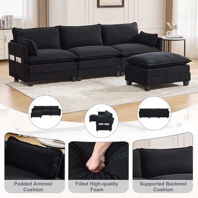 Oversized Modular Sectional Sofa with Ottoman, 102 Inch 4 Seat Corduroy L Shaped Couch for Living Room
