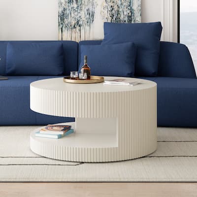 31.5" Round Coffee Table with Storage, Modern Wood Center Table with Vertical Stripe Detail for Living Room