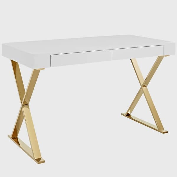 Parker Modern White High Gloss Home Office Computer Writing Desk with Gold Metal Legs Bed Bath