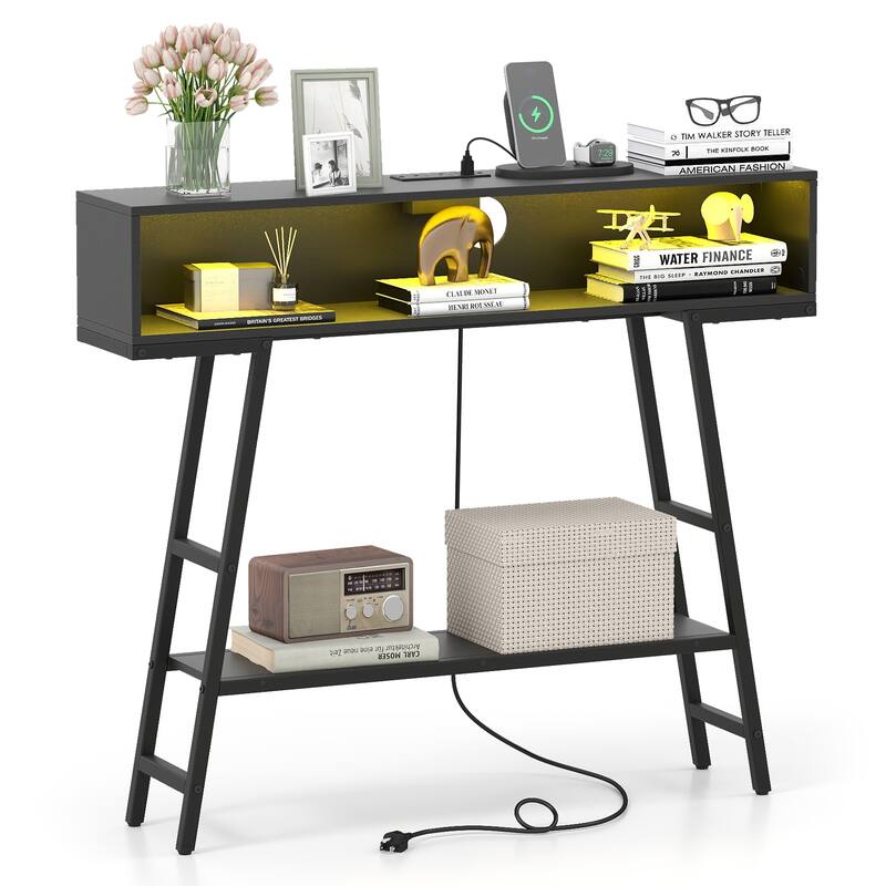 Gymax 40'' Console Table w/ Power Strip 3-Tier Entryway Table w/ RGB