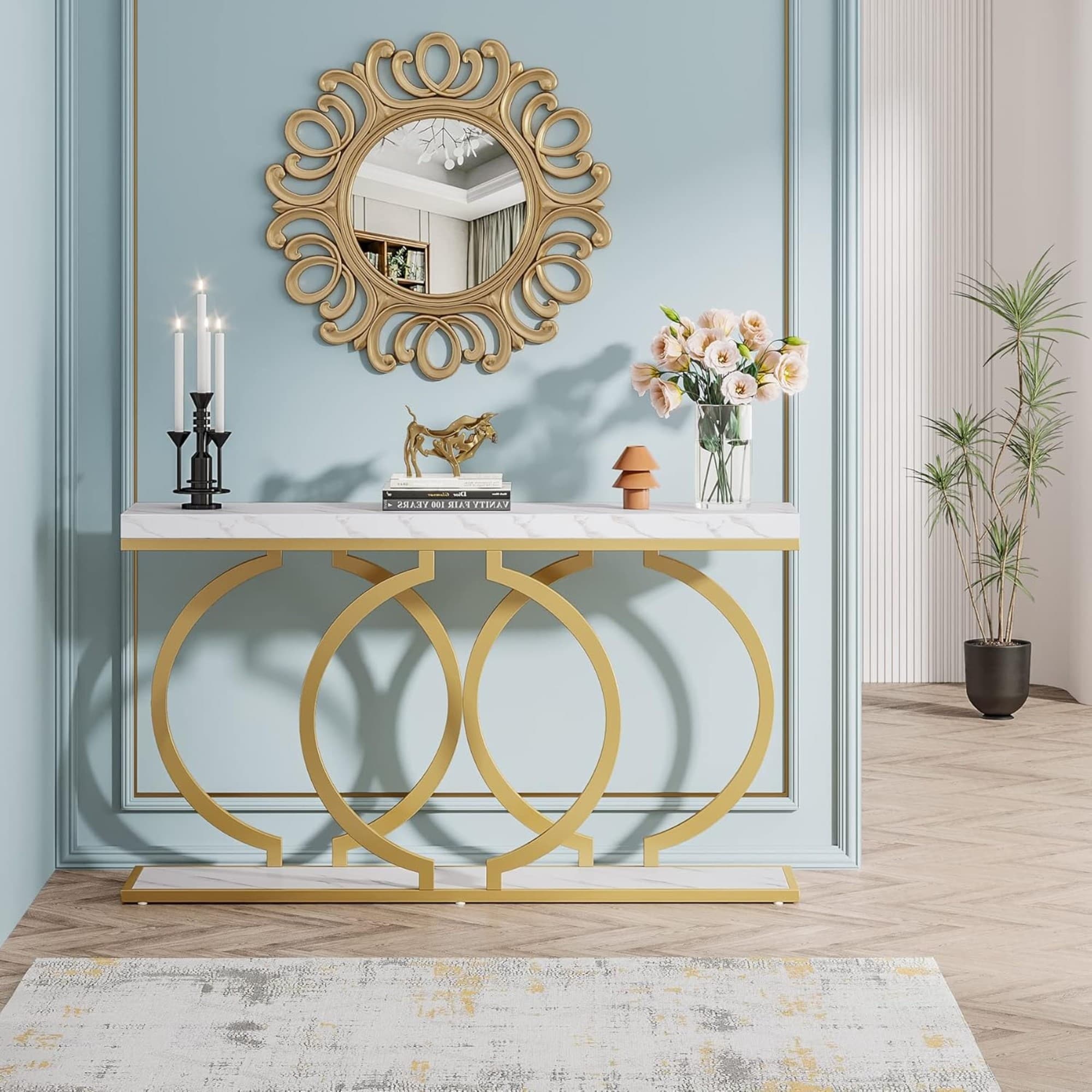 55.11" Modern White & Gold Faux Marble Console Table for Entryway Sofa Table, Entrance, Living Room