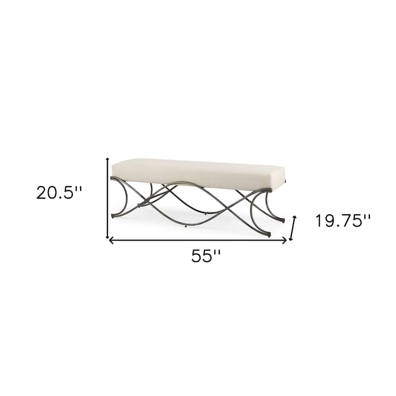 HomeRoots 55" Cream and Nickel Fabric and Metal Upholstered Bench - 55 in. x 20.5 in. x 19.75 in.