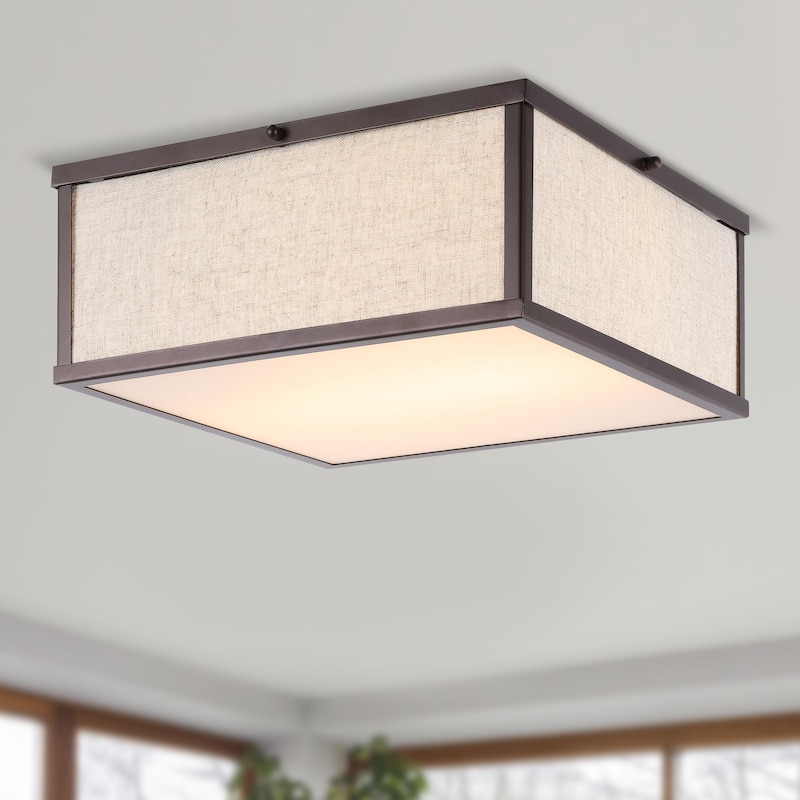 Cole 14.13" 2-Light Minimalist Industrial Square Linen Iron LED Flush Mount, Oil Rubbed Bronze/Beige, by JONATHAN Y
