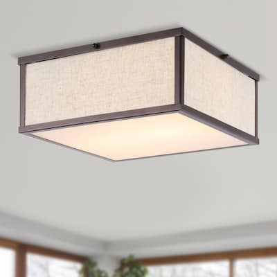 Cole 14.13" 2-Light Minimalist Industrial Square Linen Iron LED Flush Mount, Oil Rubbed Bronze/Beige, by JONATHAN Y