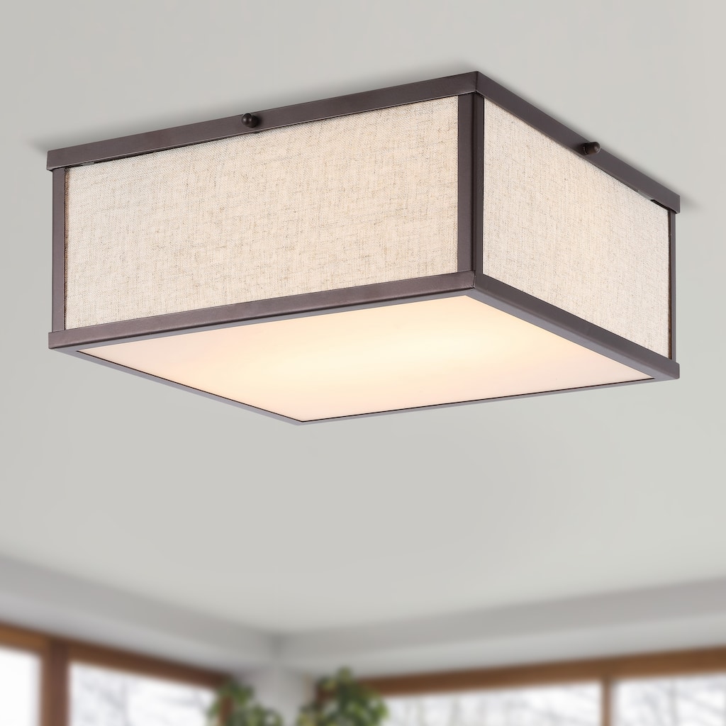 Cole 14.13" 2-Light Minimalist Industrial Square Linen Iron LED Flush Mount, Oil Rubbed Bronze/Beige, by JONATHAN Y