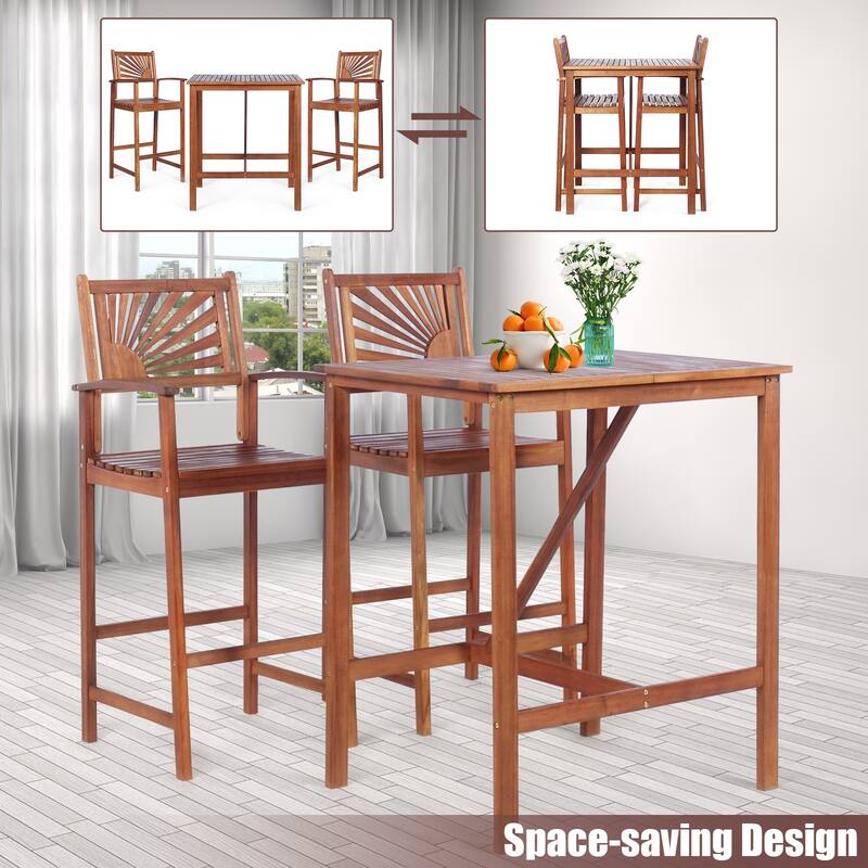 3PCS Bar Table Set Outdoor Acacia Wood Space Saving Dining Set