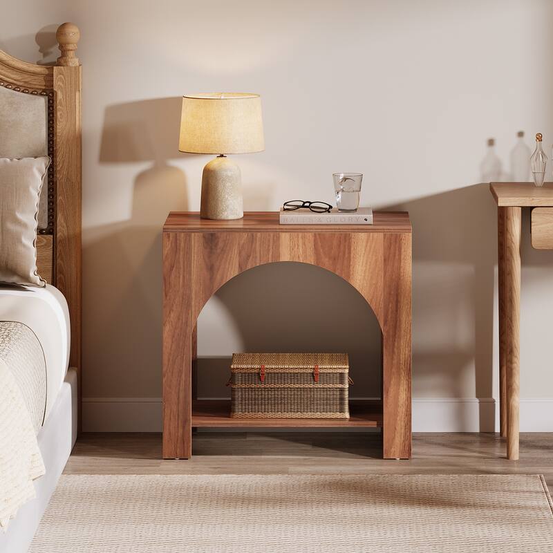 Nightstand 2 Tiers Side Table with Storage Shelf Farmhouse Bedside Table for Bedroom