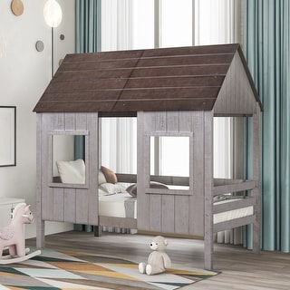 Twin Size Low Loft Wood House Bed with Two Front Windows, Antique Gray ...
