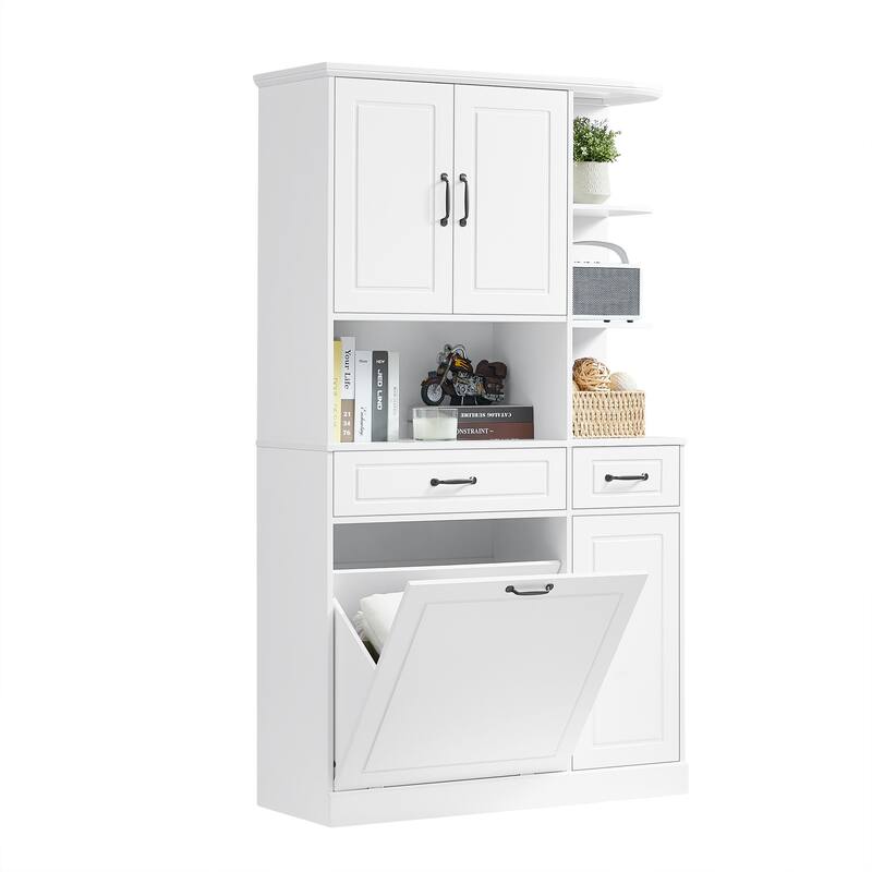 Roomfitters 70" Tall Storage Cabinet with Tilt-Out Hamper, 3 Drawers & Open Shelving, Modern MDF Linen Tower, White